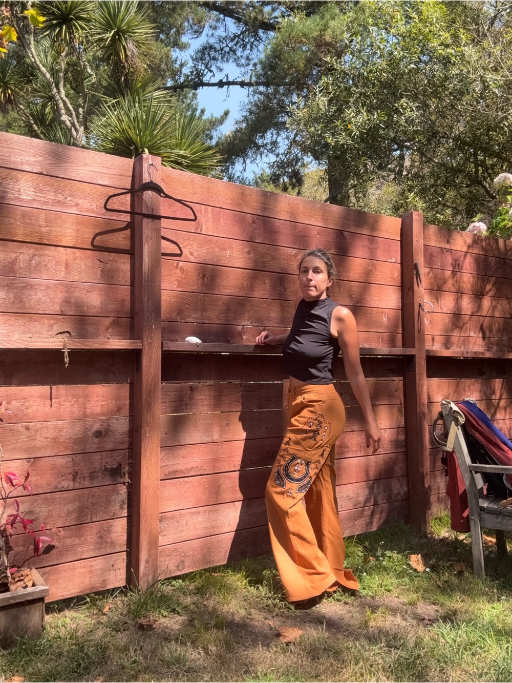 High-Waist Wide-Leg Embroidered Pants in Rust